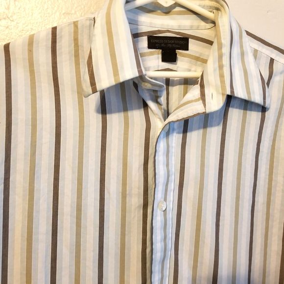 Express Button Up Shirt Men Sz Large 16 Brown Stripes Modern Fit Long Sleeve - Picture 3 of 15